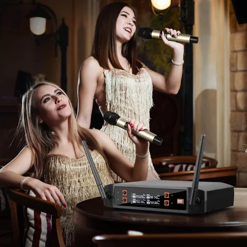 Miniatura 3 de Depusheng Micrófono inalámbrico DX4 con 4 micrófonos dinámicos UHF profesionales, sistema de micrófono de mano inalámbrico para karaoke, canto