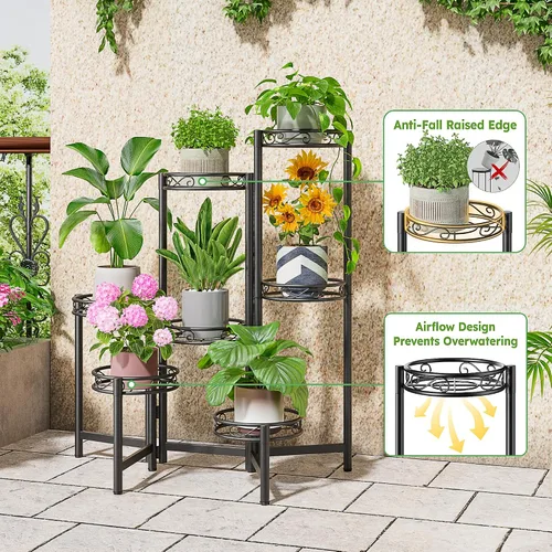Miniatura 4 de Soporte de metal para plantas de 7 niveles, estante alto de hierro forjado para plantas para interiores, exteriores, soporte plegable alto