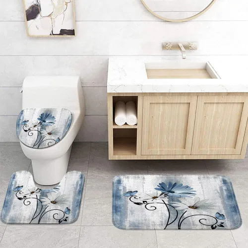 Juego de alfombrillas de baño rústicas de granja, margaritas azules y mariposas en madera de campo, juego de tapetes de baño con alfombra de baño