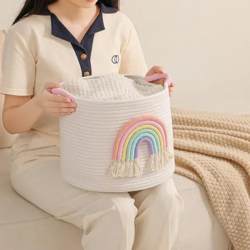 Miniatura 8 de Cestas de almacenamiento de juguetes cesta de almacenamiento de cuerda de algodón tejida con decoración de arco iris para niños, cestas de manta