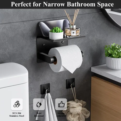 Miniatura 2 de Tindbea Soporte de papel higiénico con estante para teléfono + Ganchos para albornoz adhesivo o con tornillos, montaje en pared para almacenamiento
