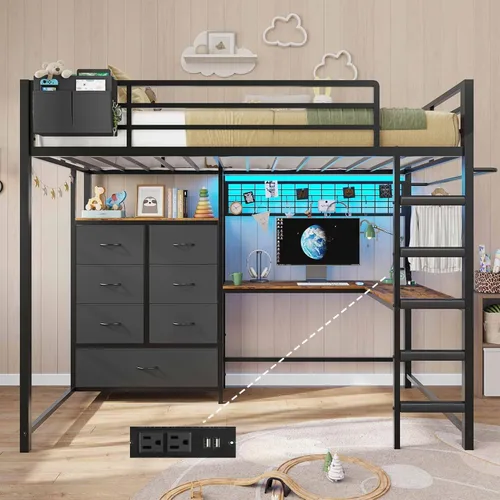 DICTAC Cama alta individual con escritorio en forma de L y 7 cajones de almacenamiento, cama alta de metal tamaño individual para niños con luces