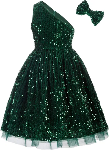 GRACE KARIN Vestido de lentejuelas para niñas, vestido de fiesta de boda de un hombro con lazo para el pelo, 5-12 años