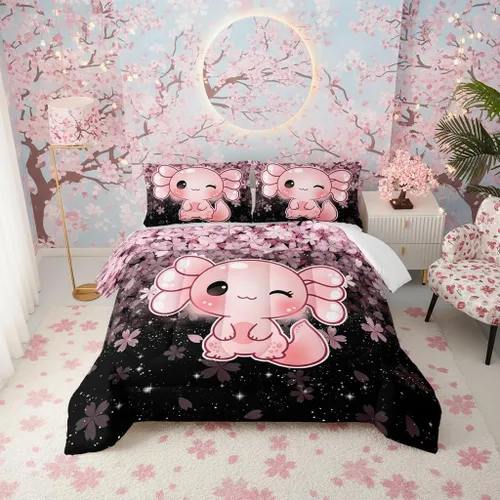Miniatura 14 de QOOMO Juego de edredón de 3 piezas con diseño de mariposa de dibujos animados, tamaño individual, bonito juego de ropa de cama con lazo