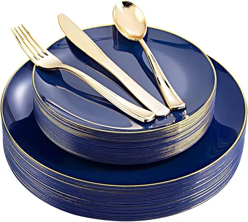 Miniatura 14 de YOUBET 125 piezas de platos de plástico negros y dorados - Platos desechables negros con borde dorado - Incluye 25 platos de cena, 25 platos
