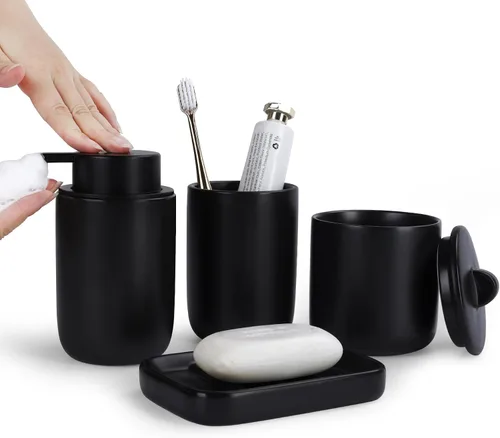 Miniatura 10 de BosilunLife Juego de accesorios de baño, juego de cerámica para decoración de baño, dispensador de jabón de espuma y soporte para cepillos