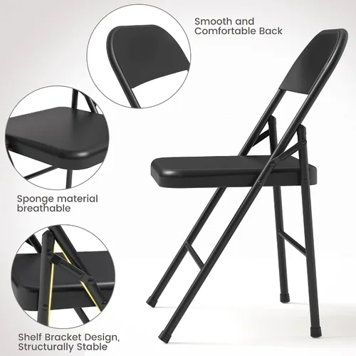 Miniatura 7 de IDEALHOUSE Juego de 4 sillas plegables de acero, sillas de comedor plegables de metal resistente negro con respaldo, soporta hasta 350 libras, silla