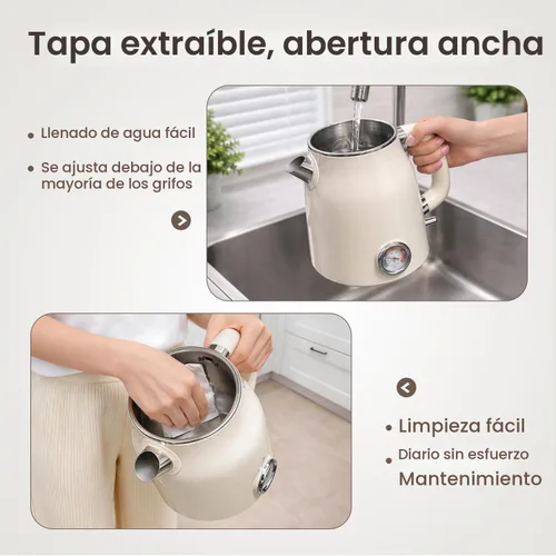 Miniatura 3 de Mecity Hervidor eléctrico retro 1.7L, interior de acero inoxidable, contacto de agua de silicona de grado alimenticio, doble pared fría al tacto