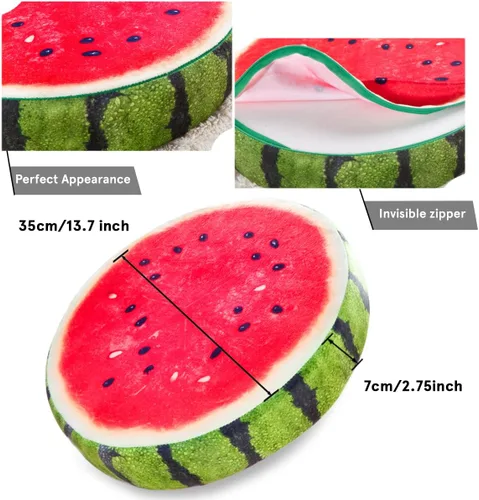 Miniatura 2 de HYSEAS Almohadas redondas de 14 pulgadas de sandía, impresión 3D, cojines decorativos de felpa divertida de frutas para sofá, silla, suelo, sofá