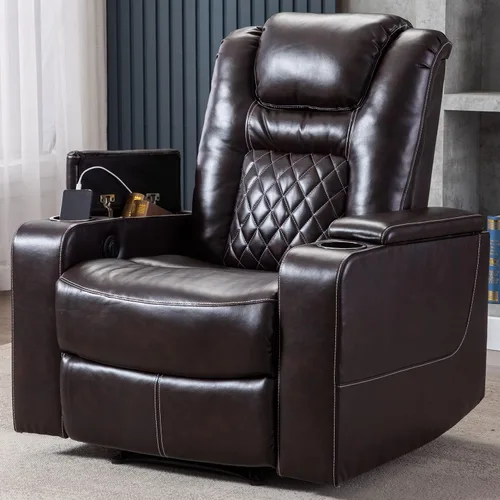 Miniatura 13 de CANMOV Silla reclinable eléctrica con puertos USB y portavasos, asiento de cine en casa de cuero transpirable con almacenamiento oculto en el brazo