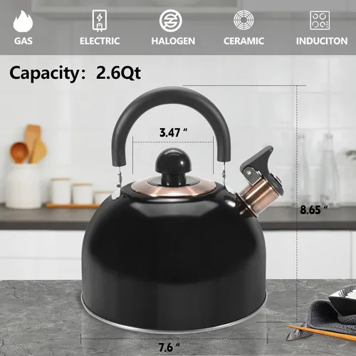 Miniatura 7 de Hervidor de Té, Hervidor de Té Silbante para Estufa de 2.6 Cuartos, Teteras para Estufa de Acero Inoxidable Grado Alimentario, Mango