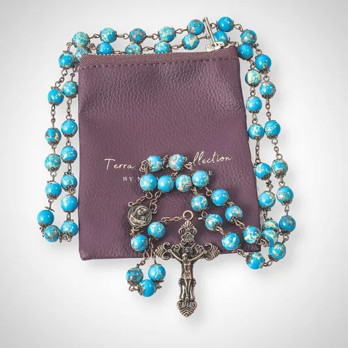 Miniatura 3 de Nazareth Store Collar de cuentas de jaspe azul océano con diseño vintage natural, medalla de suelo sagrado y cruz crucifijo rosarios religiosos