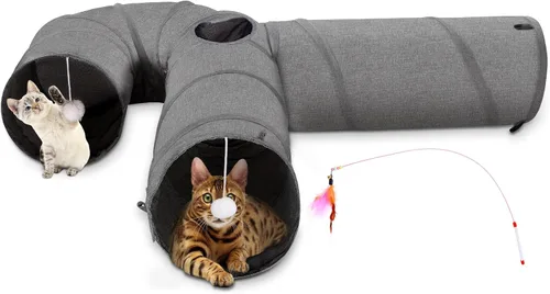 Miniatura 10 de Ownpets Túnel para gatos, túnel plegable de 3 vías, tubo para gatos de 47 pulgadas de largo con bola de felpa y juguete de plumas, túnel de juego