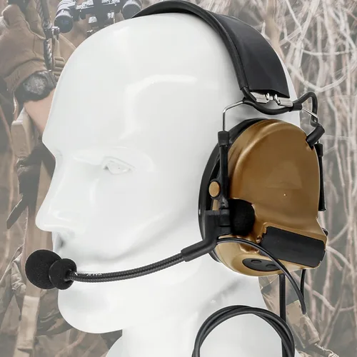 Miniatura 4 de Auriculares tácticos Hearangel, reducción de ruido con captación de sonido y PTT Ken de 2 pines para actividades de airsoft Marrón coyote