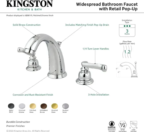 Miniatura 3 de Kingston Brass KB982FL Royale Grifo de lavabo generalizado con latón emergente, latón pulido, centro ajustable de 8 pulgadas