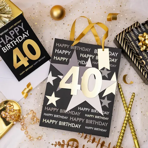 Miniatura 3 de Loveinside Bolsa de regalo de cumpleaños con papel de seda y tarjeta de felicitación para cumpleaños 40 – 10 x 5 x 13 pulgadas, 1 unidad, oro negro