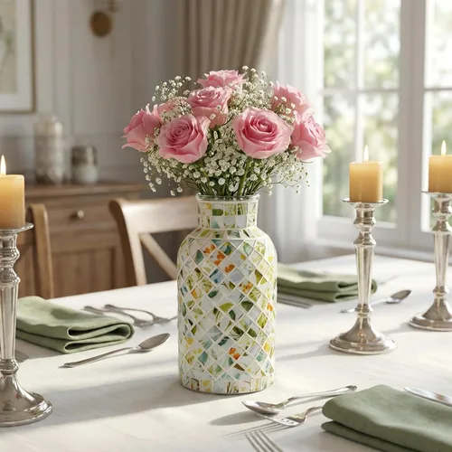 Miniatura 6 de Jarrón verde de vidrio de mosaico hecho a mano, florero floral de vidrio templado de 7.9 pulgadas con arte de azulejos diagonales de 45°, florero