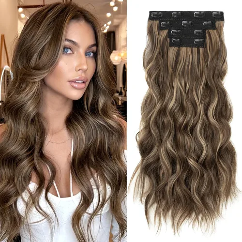 Miniatura 19 de REECHO Extensiones de cabello con pinza, 4 piezas de extensiones de cabello rubio de 24" de largo, ondas de playa gruesas, HE003, trama de encaje