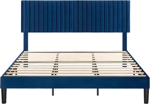 Miniatura 9 de Allewie - Base de cama tamaño King con cabecera acolchada tapizada en terciopelo y diseño acanalado vertical ajustable; plataforma de cama con base
