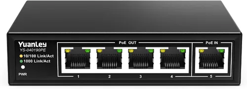 Yuanley extensor PoE de 5 puertos Gigabit con 4 salidas PoE, 90W de entrada, mini interruptor de 5 canales de 1000Mbps IEEE 802.3af/at/bt, carcasa