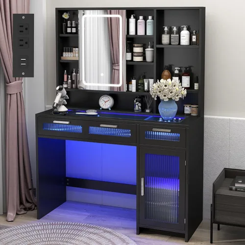 Miniatura 10 de Hadulcet Escritorio de tocador negro con espejo deslizante y luces LED, mesa de tocador de vidrio de 35.5 pulgadas con tomas de corriente, cajones
