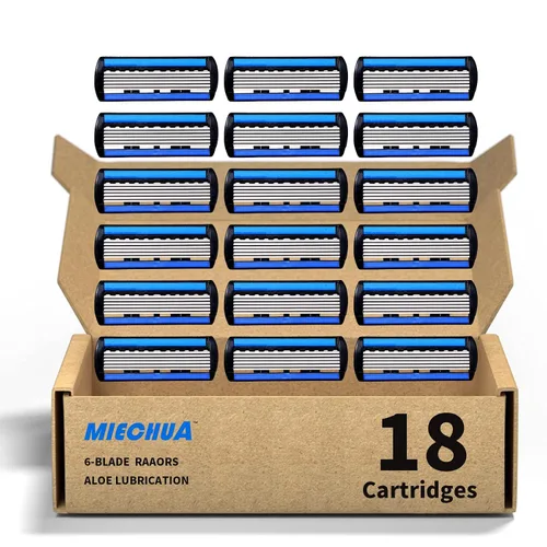 Recambios de 6 cuchillas para hombre, cartuchos de afeitar de 6 cuchillas con tira lubricante, ofrece un afeitado limpio y cerrado, 18 unidades,