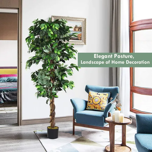 Miniatura 3 de Goplus Árbol de seda artificial de ficus de 6 pies, árbol falso en maceta con hojas verdes y tronco natural, sin mantenimiento, planta sintética