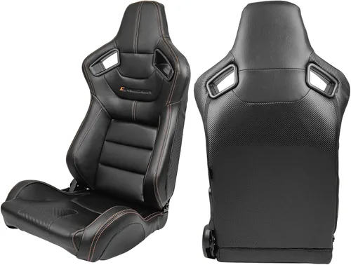 Miniatura 2 de IKON MOTORSPORTS, Par de asientos universales de carreras con deslizadores dobles, color negro con puntada naranja PU y cuero de carbono