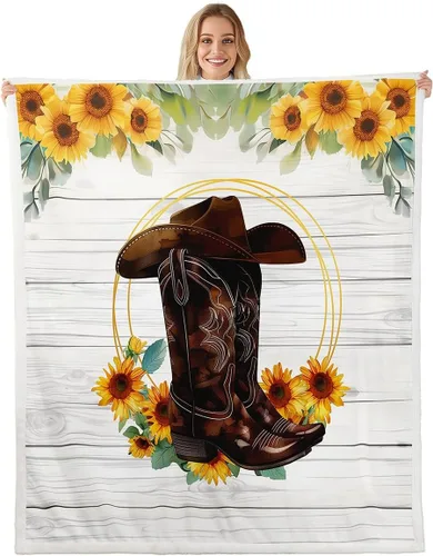 Manfei Manta con sombrero de botas de vaquero, manta de cama de girasol amarillo para decoración de habitación de niños y niñas, manta de tablones