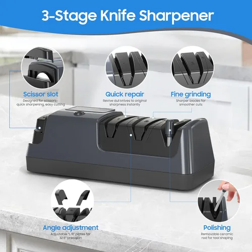 Miniatura 4 de Afilador de cuchillos eléctrico para cocina, afilado profesional de 3 etapas para cuchillos y tijeras de borde recto y dentado, con 100% abrasivo