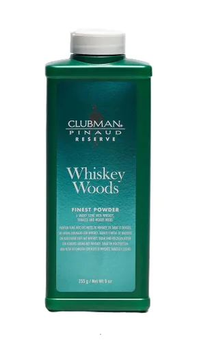 Clubman Reserve Whiskey Woods Finest Powder - Polvo corporal clásico para hombres, control de humedad y olor, aroma a madera de whisky de barbería,