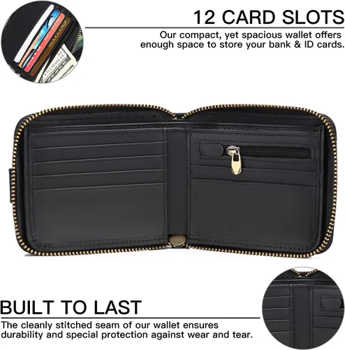 Miniatura 9 de GOIACII Cartera con cremallera para hombre, de piel auténtica, con bloqueo RFID, con cremallera, bolsillo para monedas, para identificación, con Café