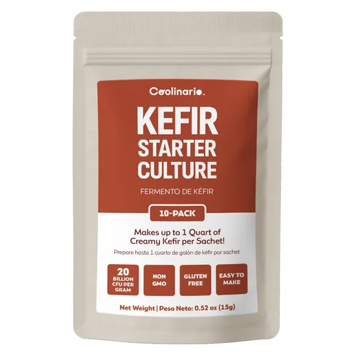 Coolinario Kefir Starter Culture (paquete de 10, bolsitas de 0.05 onzas), cultivos probióticos vivos para kéfir casero | Suave, cremoso y picante |