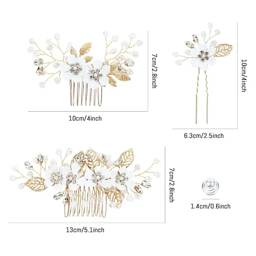 Miniatura 6 de Dizila 20 piezas de diamantes de imitación para novia, boda, fiesta, graduación, perlas, doradas, flores blancas, peines laterales