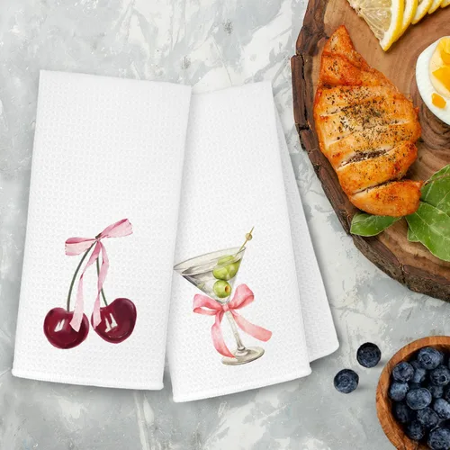 Miniatura 4 de Juego de 2 toallas de cocina de cerezo con lazo rosa, lindas toallas de mano de cóctel de Martini sucio, toallas de cocina rosas para fiesta de té