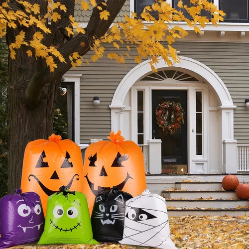 Miniatura 5 de Paquete de 12 bolsas de basura de plástico resistentes con lazos giratorios, 6 diseños de bolsas de basura grandes de calabaza para jardín, césped