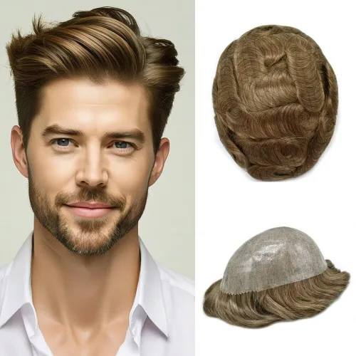 Peluca completa de poliuretano para hombre, sistemas de reemplazo de cabello humano, piel fina y duradera, para hombre, prótesis de cabello