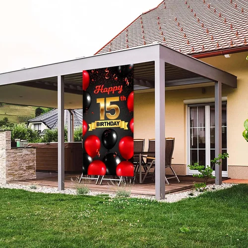 Miniatura 6 de Cartel de feliz cumpleaños 15 cumpleaños rojo y negro telón de fondo para cabina de fotos, globos de vítores a 15 años de edad, decoración temática