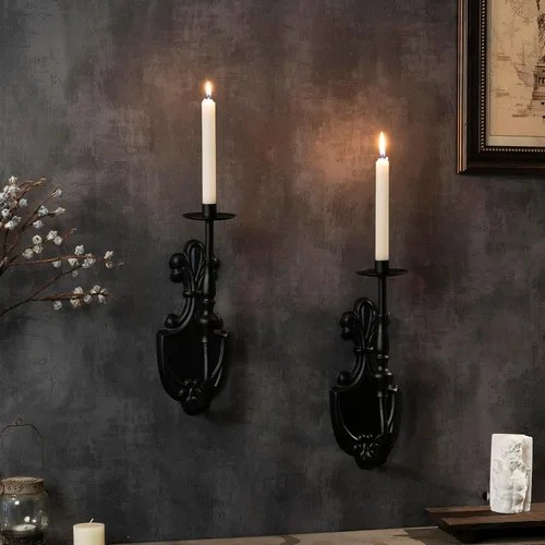 Miniatura 4 de Portavelas de Pared Gótico para Velas Cónicas (Juego de 2) Diseño de Corona y Cetro de Hierro Negro Decoración de Pared Victoriana para Sala