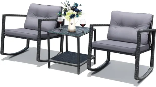 Miniatura 9 de Tangkula Juego de 3 piezas de muebles mecedoras de mimbre para patio, juego de muebles de mecedora para exteriores con asiento acolchado, juego