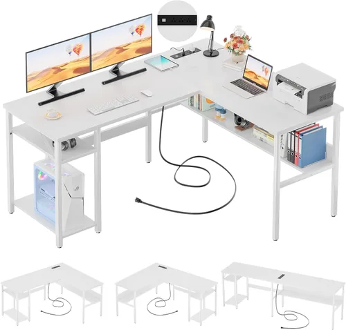 Unikito Escritorio reversible para computadora en forma de L con tomas de corriente mágicas y puertos de carga USB, escritorio esquinero resistente