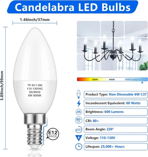 Miniatura 2 de MAXvolador Paquete de 12 bombillas LED para candelabro E12 equivalente a 60 W, 6 W 600 LM, luz blanca fría de 6000 K, base de lámpara de vela B11