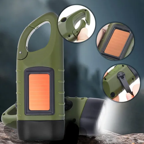 Miniatura 6 de Simpeak Paquete de 2 linternas de manivela con energía solar, linterna LED recargable de emergencia para supervivencia, luz de anilla de enganche