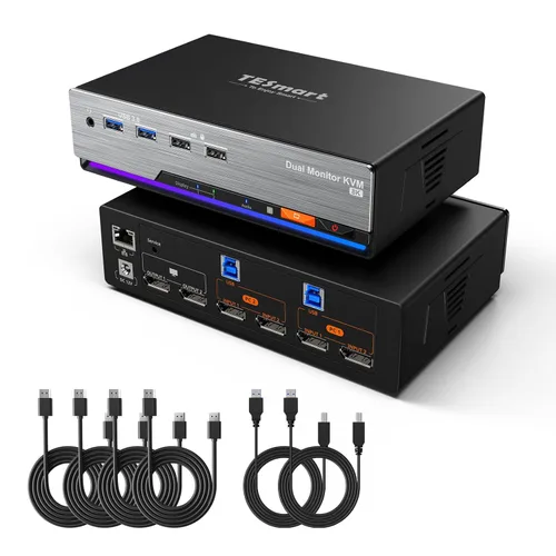 TESmart - Conmutador KVM DP 8K@60Hz para 2 Monitores y 2 Computadoras con EDID, Conmutador KVM DP 1.4 para Monitor Dual 4K@144Hz para Estación de