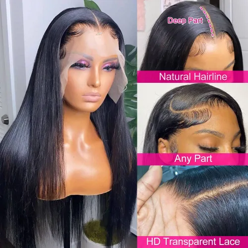 Miniatura 2 de mengkai Pelucas de cabello humano de 32 pulgadas con encaje frontal de 13x6, cabello humano predesplumado liso, peluca frontal de encaje HD