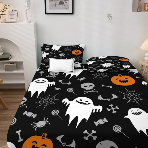 Miniatura 3 de Juego de sábanas de Halloween para niños y niñas, juego de sábanas espeluznantes de tela de araña, calabaza fantasma, microfibra suave, bolsillo