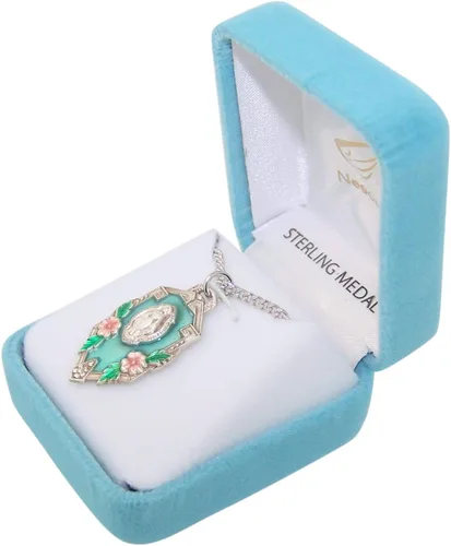 Miniatura 3 de Colgante de medalla milagrosa de plata de ley con esmalte azul, 1 15 pulgadas, Sterling