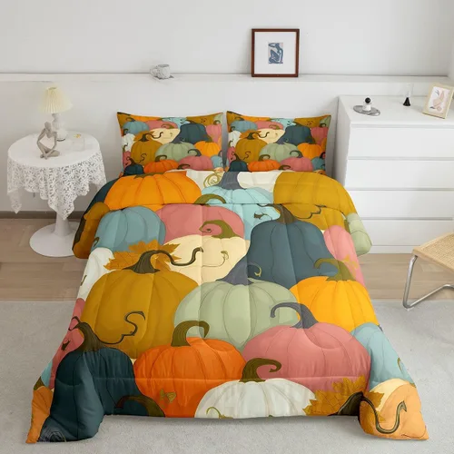 Miniatura 13 de Juego de edredón de calabaza para niños, con estampado de calabaza, estilo Halloween, juego de ropa de cama para niños, juego de ropa de cama