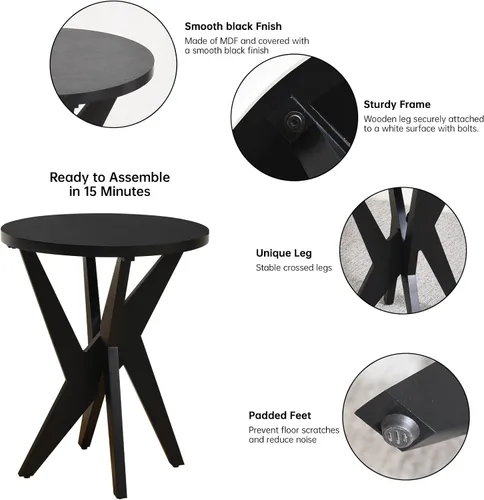 Miniatura 3 de Ahokua Mesa auxiliar redonda negra moderna, mesa auxiliar decorativa de mediados de siglo con parte superior de MDF y patas cruzadas para sala