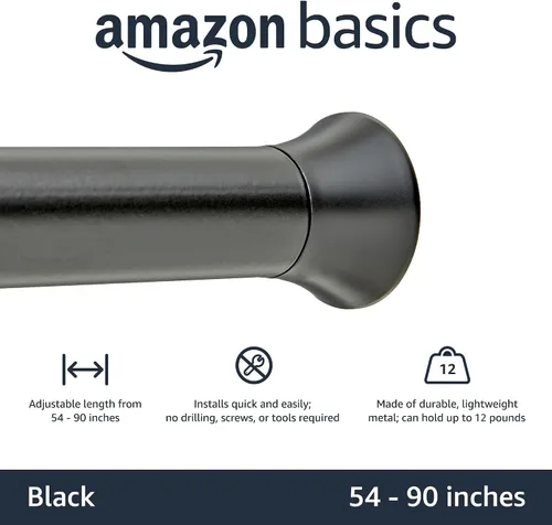 Miniatura 2 de Amazon Basics Barra de cortina de tensión de resorte resistente ajustable, sin perforación/sin agujeros, 54-90 pulgadas, negro, remate clásico